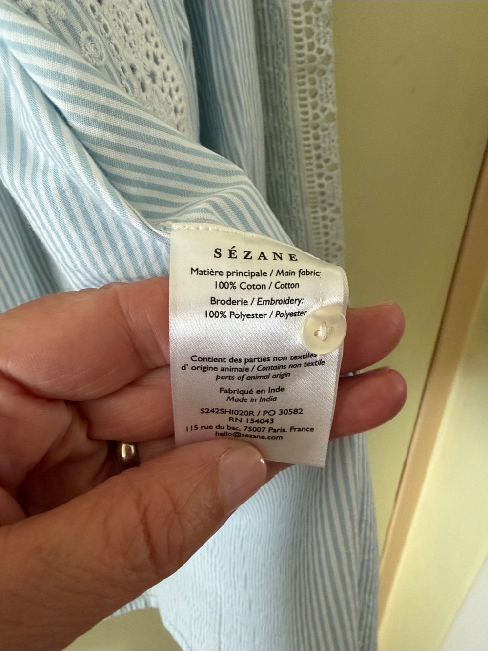 Sezane Claudio Light Blue & White Pinstripe Lace-Trim and inset Blouse NWT - Picture 10 of 11